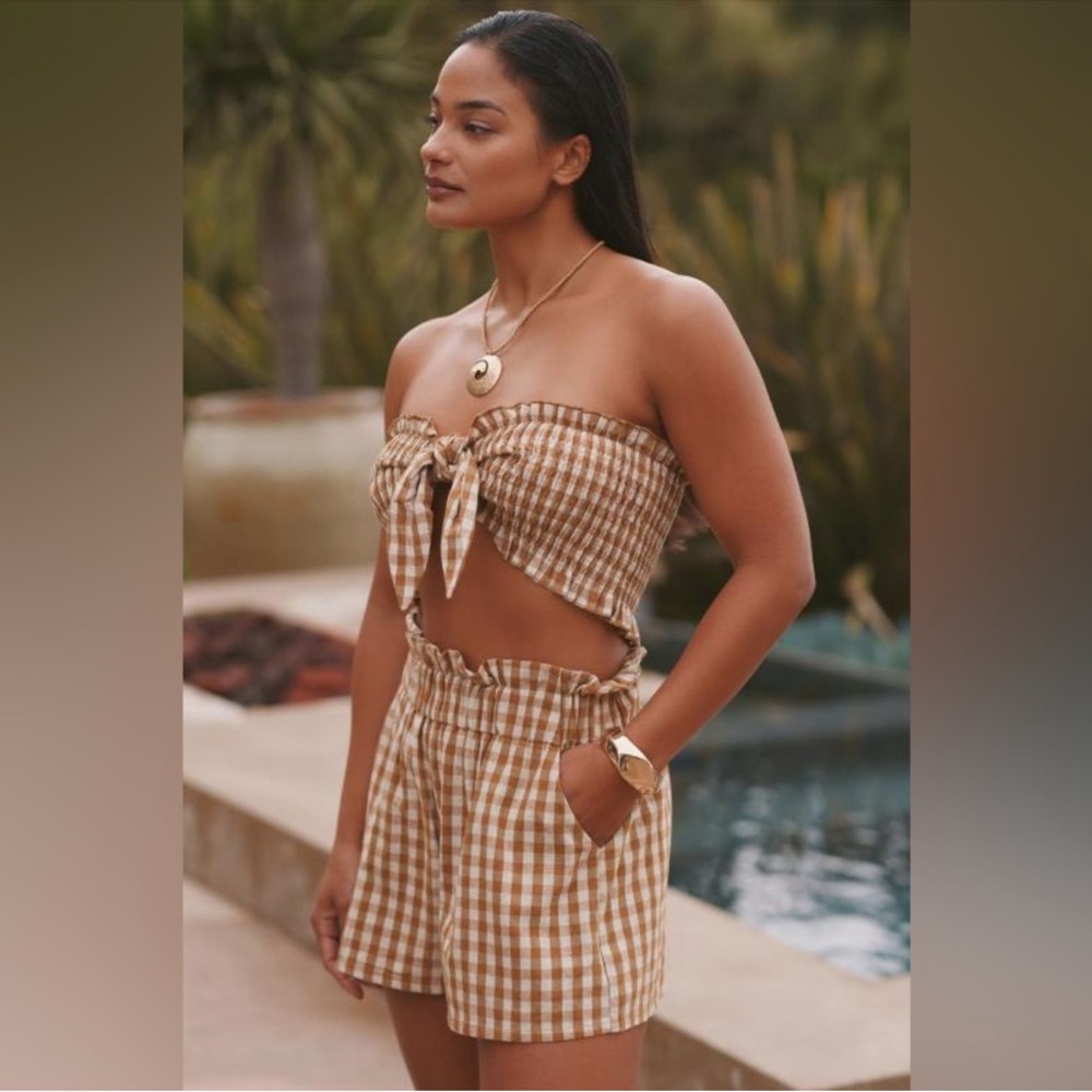 Anthropologie Brown White Gingham Set Top and Shorts